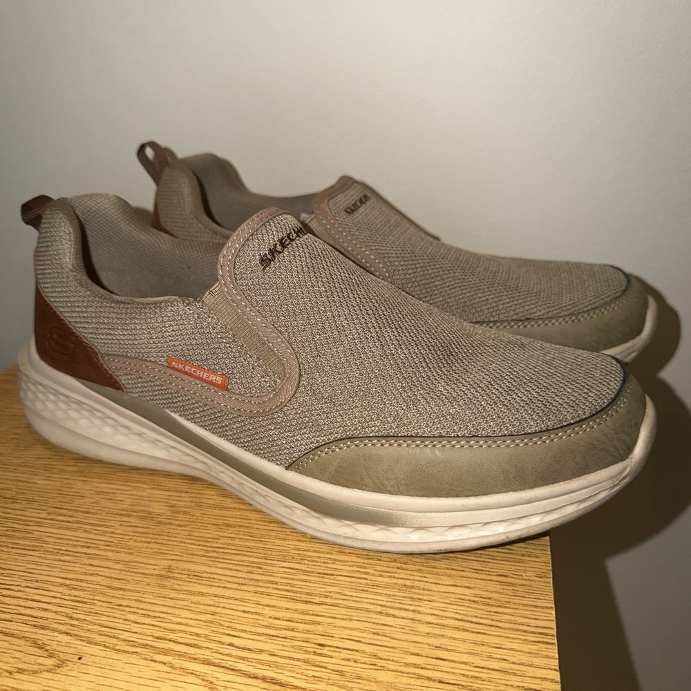 Skechers Slade Lucan Mens Shoes 11.5 Brown Khaki White Mesh Slip On Sneakers